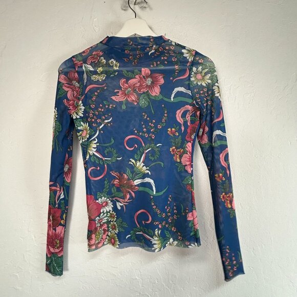 Bikbok Womens Floral Print Mesh Long Sleeve Top XS Blue Crew Neck Sheer Casual - Picture 2 of 7